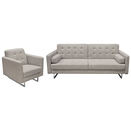 Convertible Grey Tufted Polyester Fabric Sofa with Chair 2-Piece Set